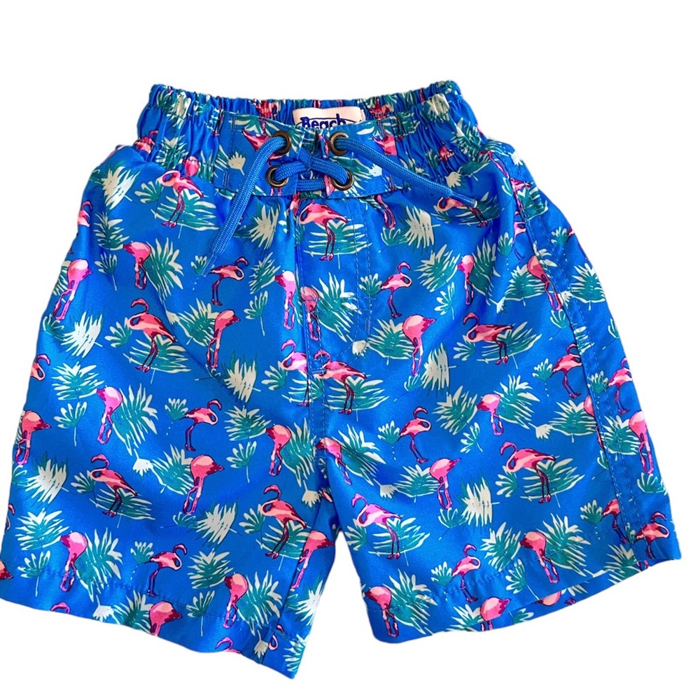 Beach Bros Flamingo Palm leaf Blue 2 Toddler Boy Swim Trunks